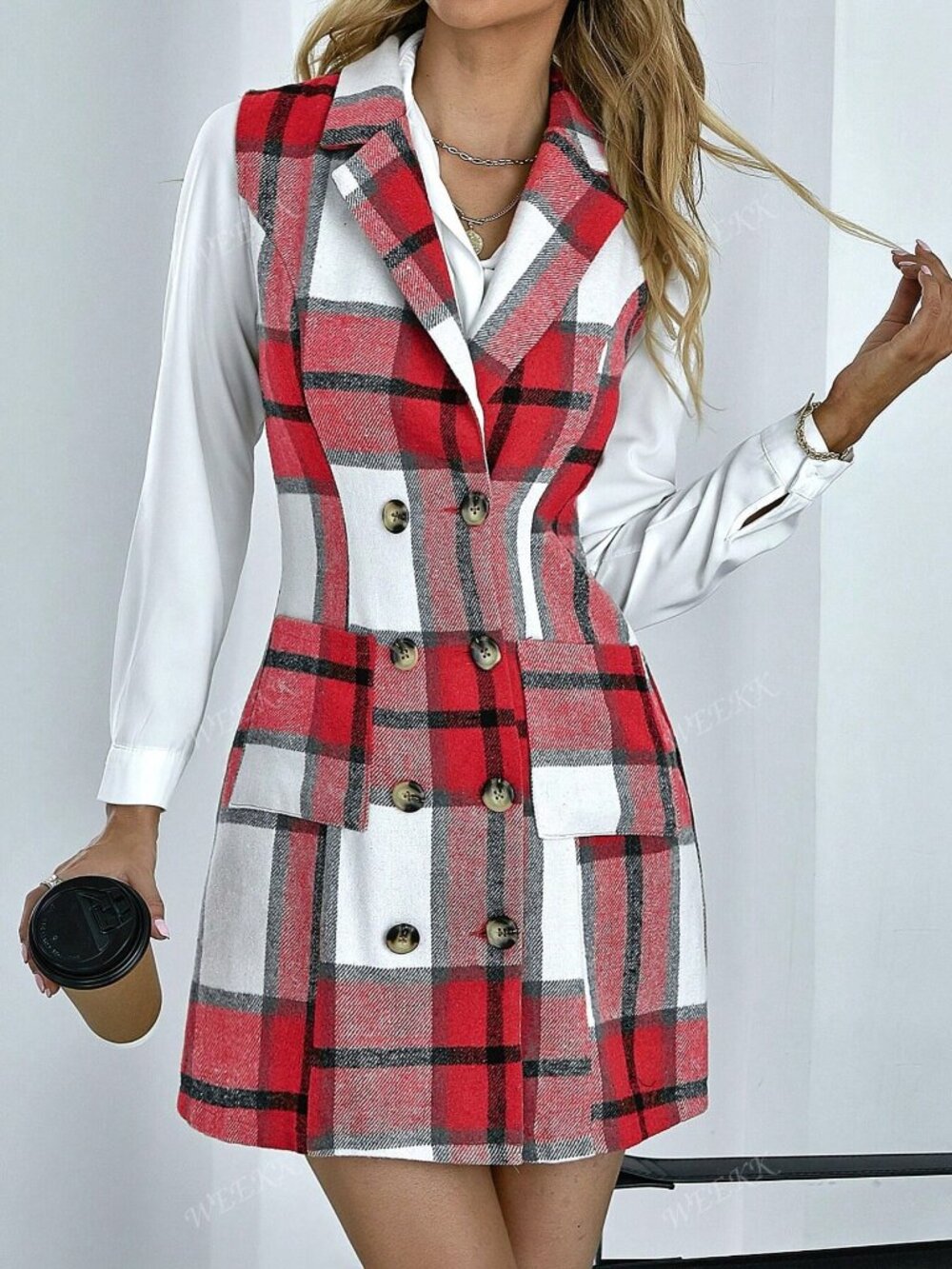 Red Plaid Double-Breasted Sleeveless Blazer Dress